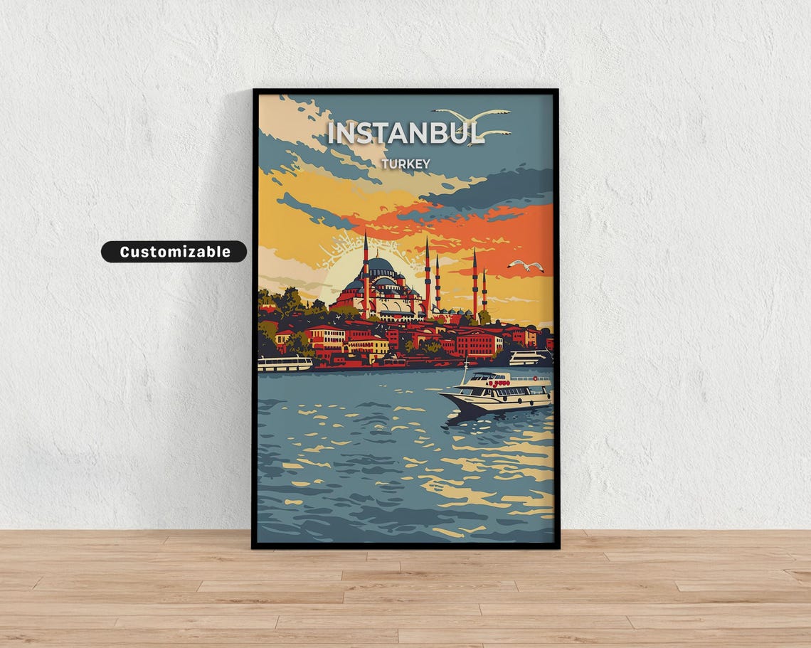 Istanbul Turkey Mosque Waterfront Sunset Vintage Travel Poster