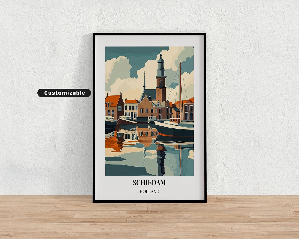 Schiedam Holland Old Harbor Sailing Boats Church Tower Travel Poster