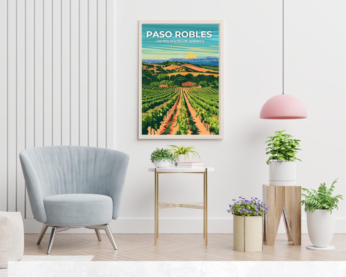 Paso Robles Vineyard Sunset Travel Poster With Overlaid Sky Title - Image 2