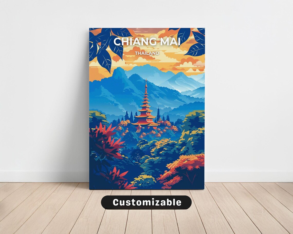 Chiang Mai Thailand Travel Poster Sunset Temple Jungle Mountains
