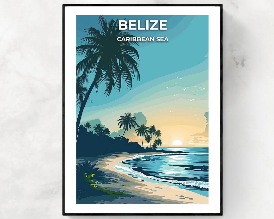 Belize Caribbean Sea Sunset Beach Palm Silhouettes Waves Poster