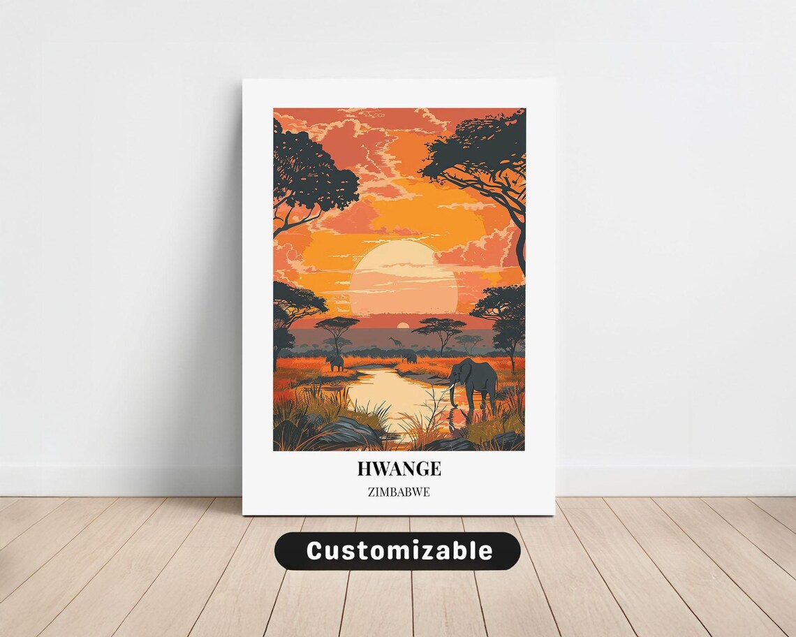 Hwange Zimbabwe Elephants at Waterhole Sunset Safari Travel Poster
