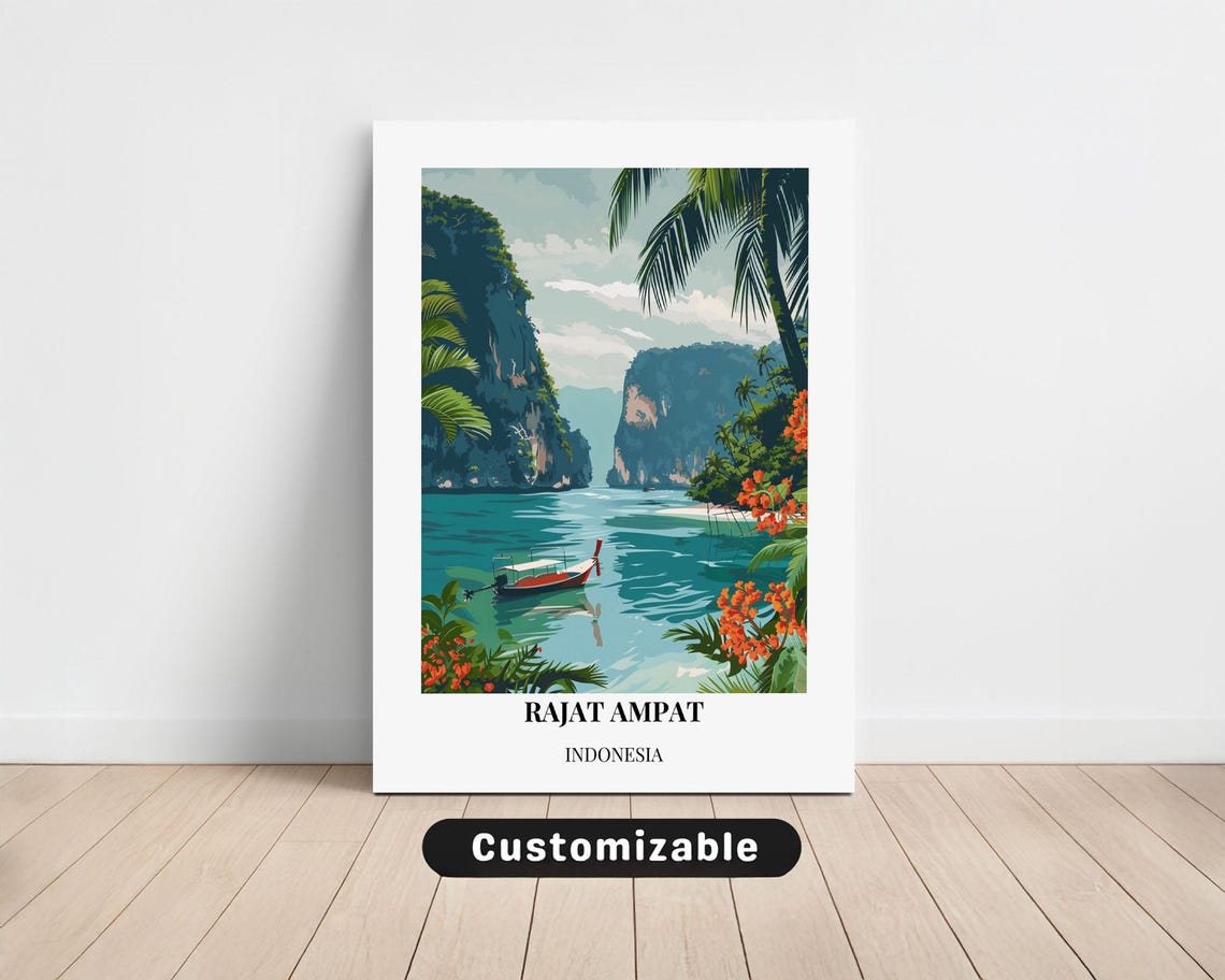 Rajat Ampat Indonesia Lagoon Longtail Boat Vintage Travel Poster