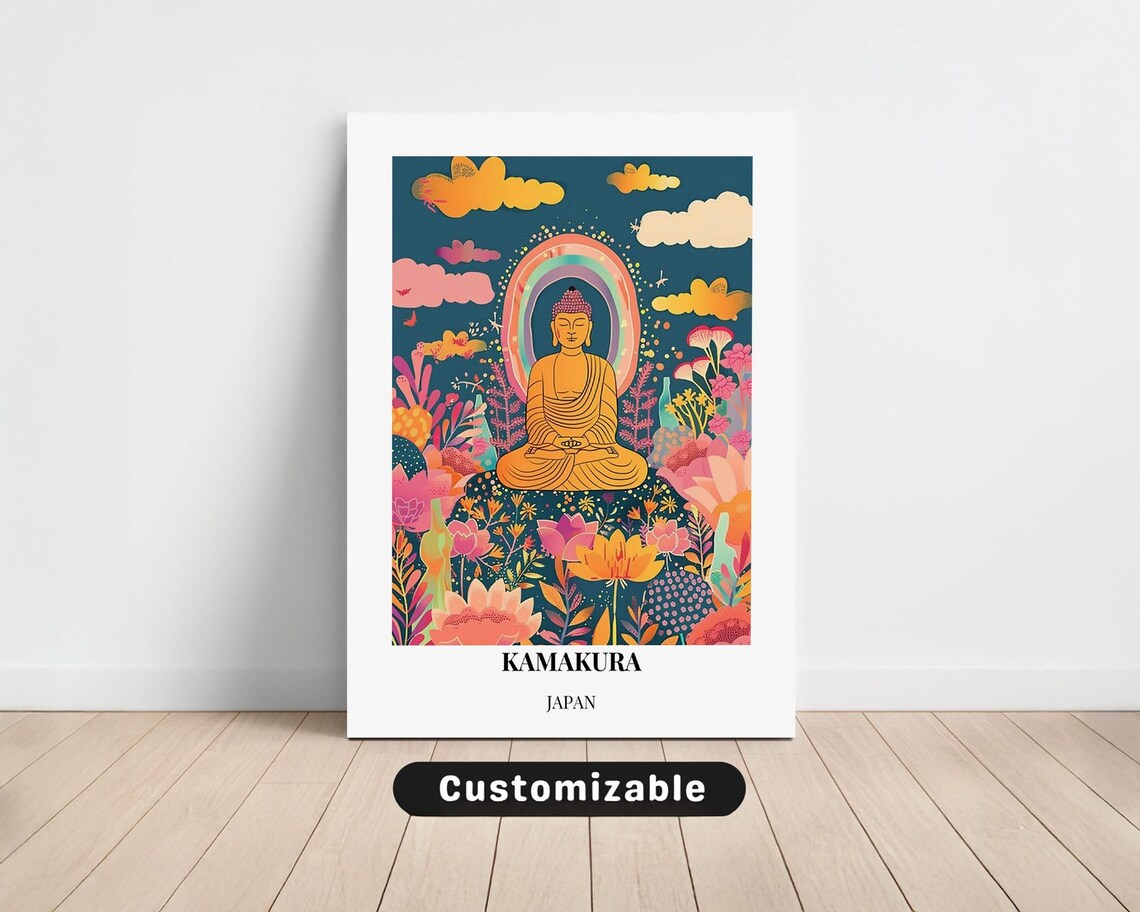 Kamakura Japan Buddha Rainbow Flowers Colorful Folk Travel Poster