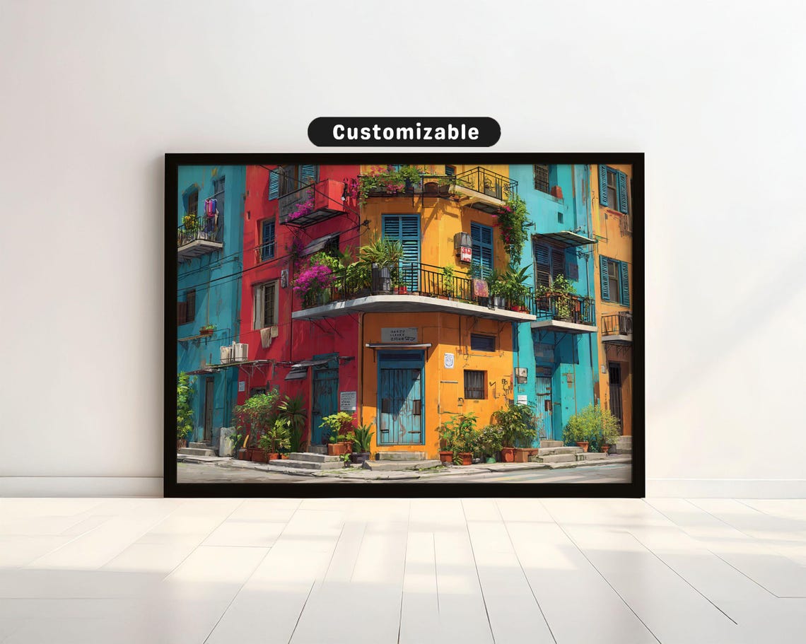 Colorful Street Corner With Balconies Blinds And Potted Plants Bold Wall Art Mediterranean Botanical Decor