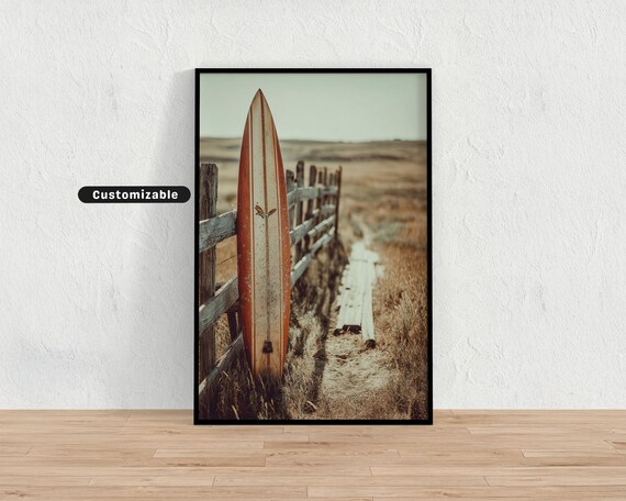 Vintage Surfboard Leaning Wooden Fence Retro Faded Beach Wall Print