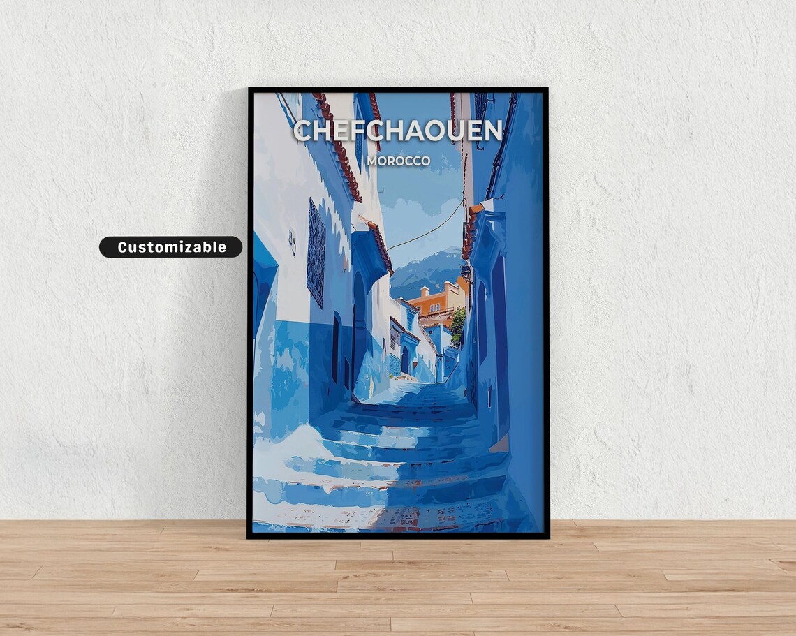Chefchaouen Morocco Blue Stepped Alley Vintage Travel Poster