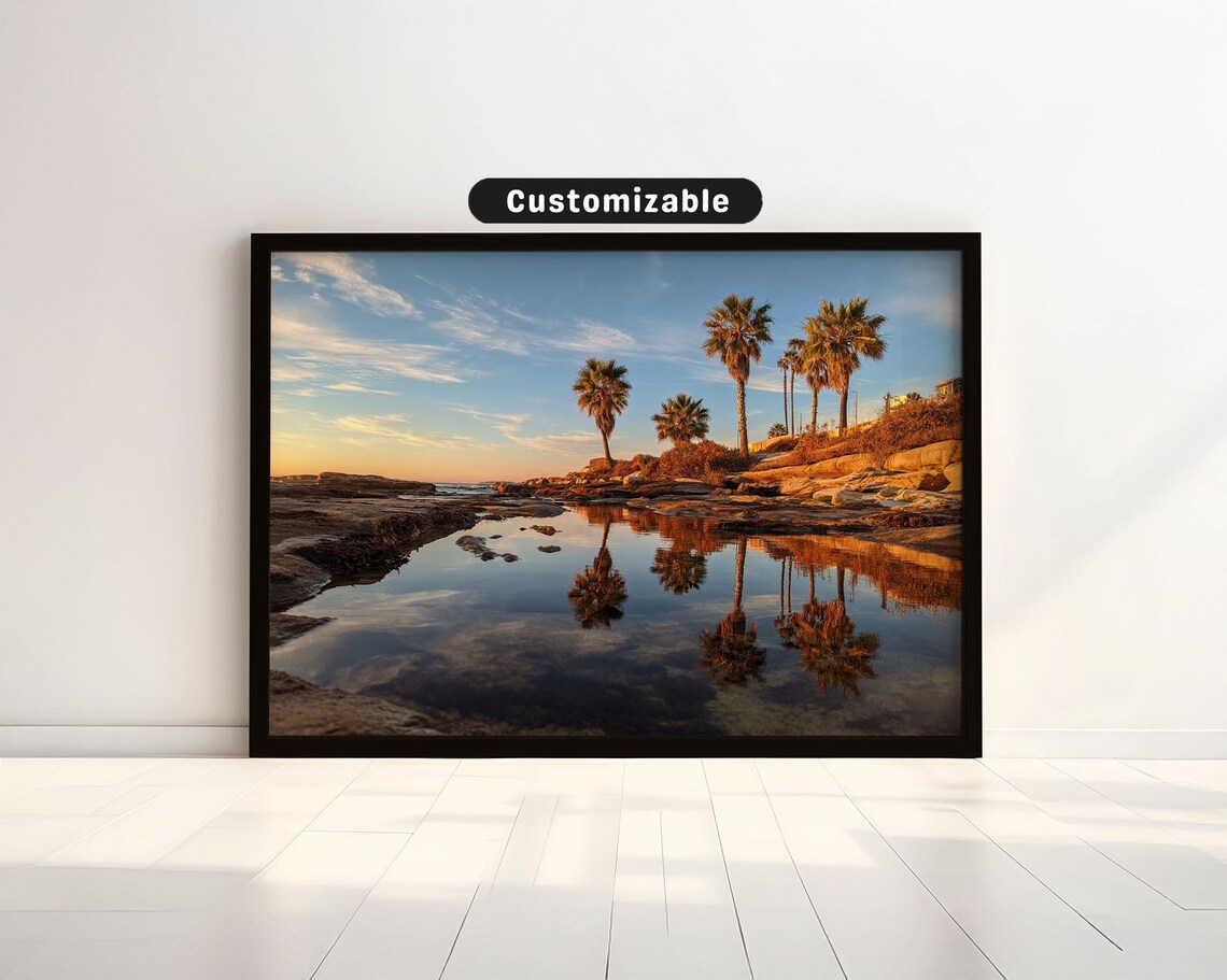 Palm Trees Mirrored In Tide Pool At Golden Hour Coastal Photography Poster