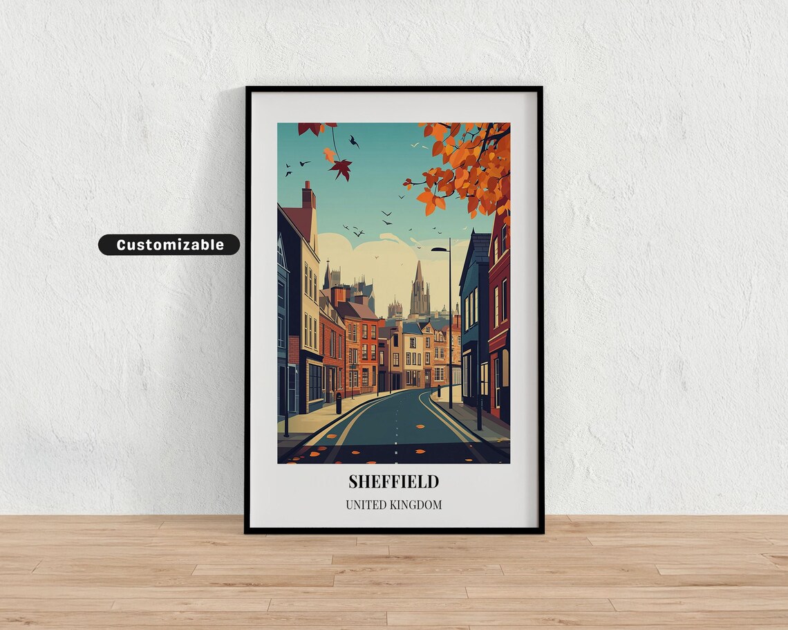 Sheffield United Kingdom Autumn Street Cathedral Travel Poster Art