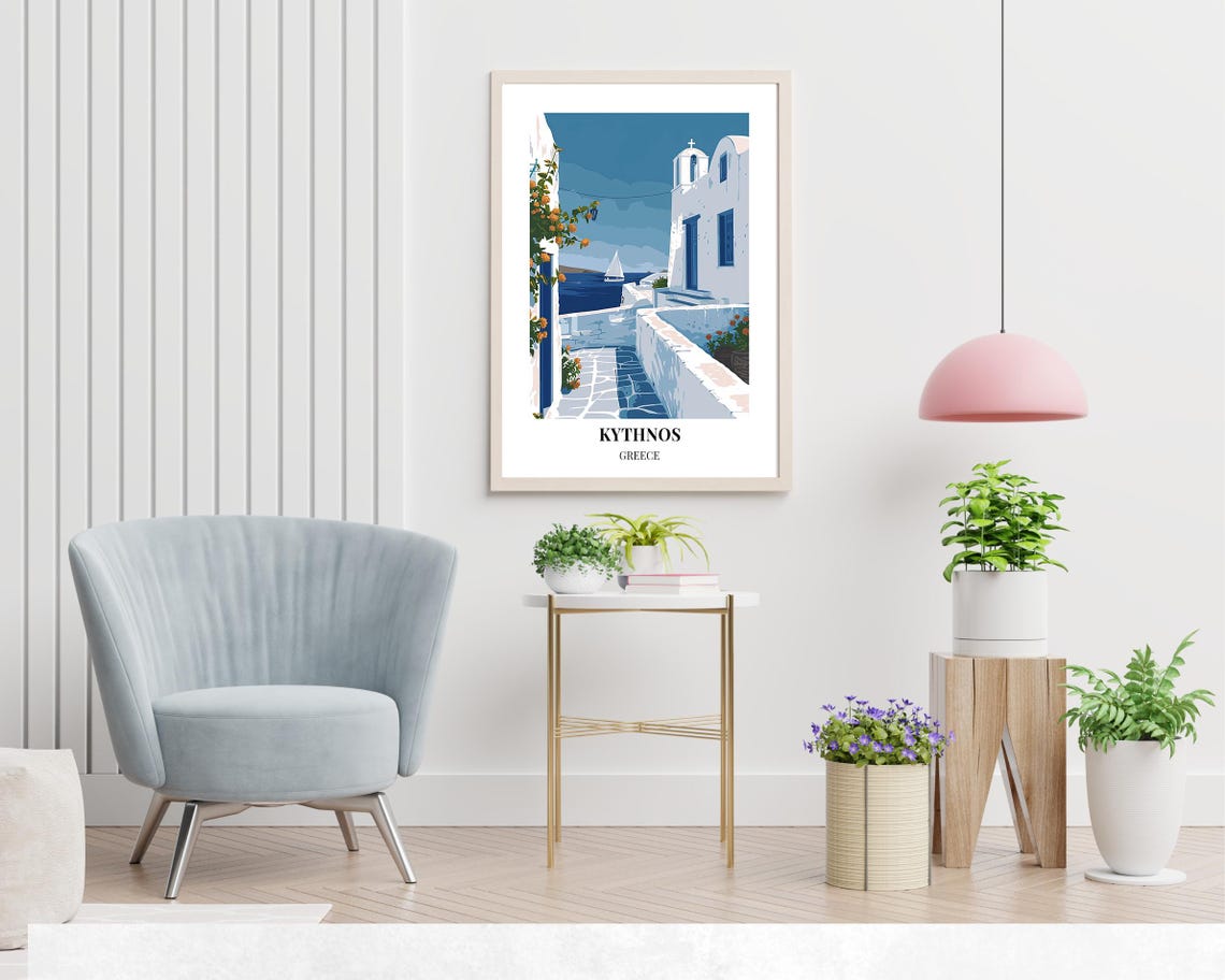 Kythnos Greece Whitewashed Lane Sailboat Scene Travel Poster - Image 2