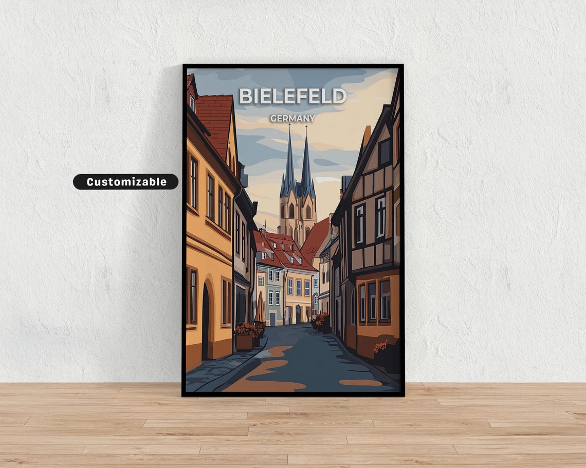 Bielefeld Germany Twilight Old Town Twin Spires Travel Poster