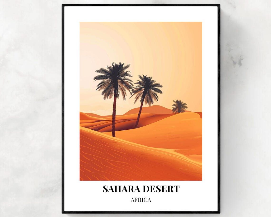 Sahara Desert Africa Palm Trees Dunes Sunset Golden Hour Travel Poster
