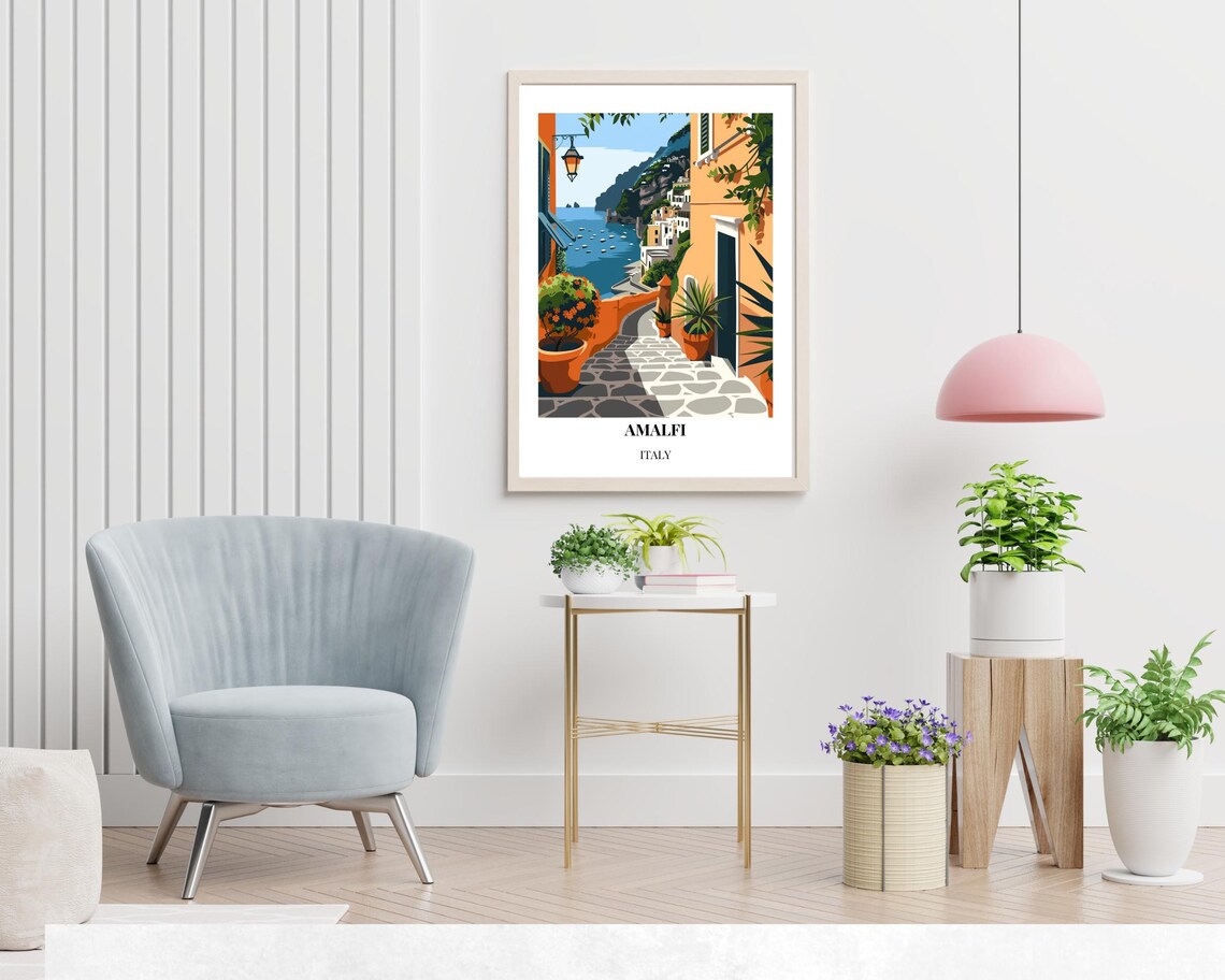 Amalfi Italy Sunlit Coastal Alley Steps to the Sea Vintage Poster - Image 2