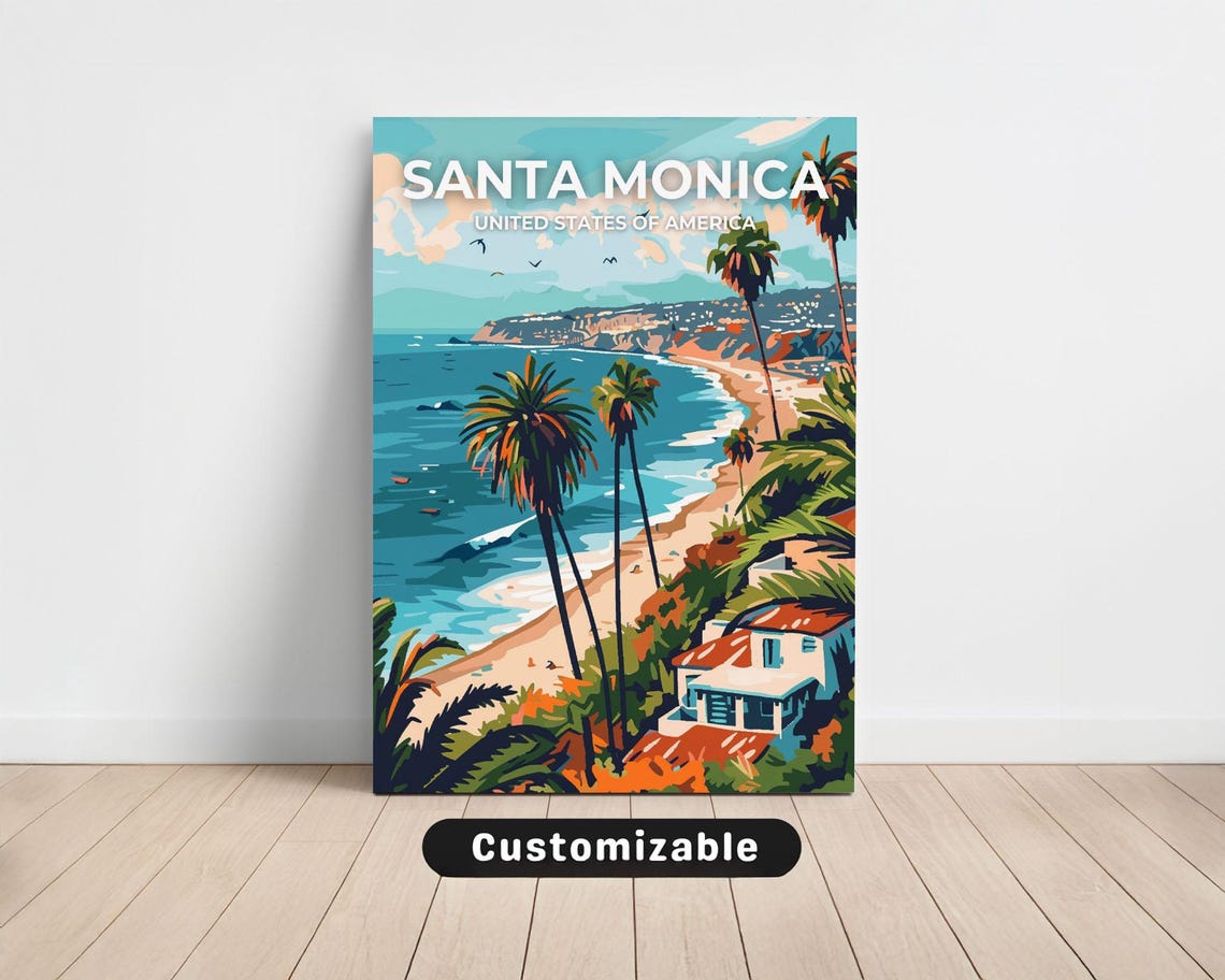 Santa Monica Beach Palm Trees Ocean Cliffs Coastal Travel Poster