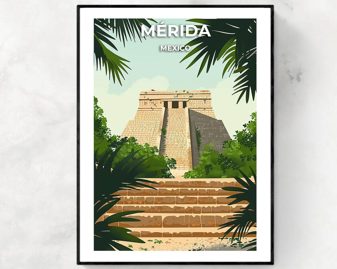 Merida Mexico Mayan Pyramid Framed by Palm Leaves Travel Poster