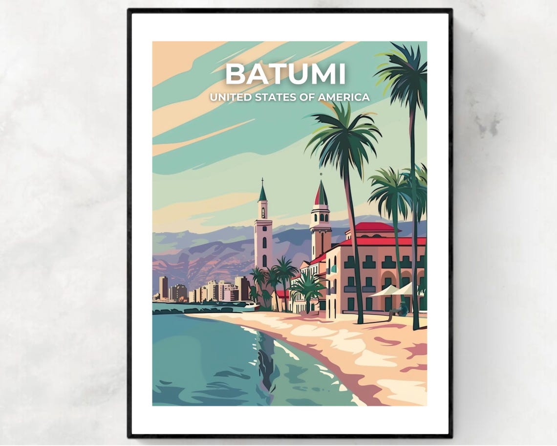 Batumi Beachfront Palms White Title Retro Coastal Travel Poster