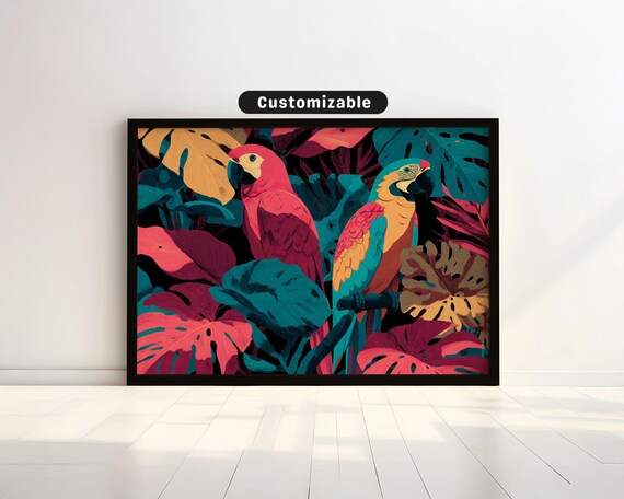 Tropical Parrots Bold Overlapping Leaves Maximalist Colorful Jungle Art Poster