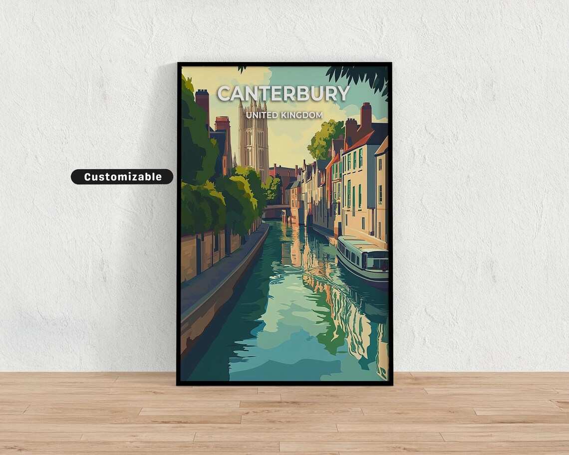 Canterbury United Kingdom Canal Boat Custom Vintage Travel Art Poster