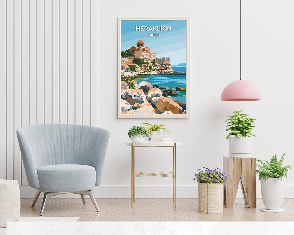 Heraklion Greece Coastal Church Red Dome Fortress Walls Poster - Image 2