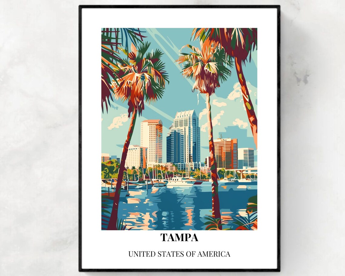 Tampa Florida Palm Trees Marina Skyline Colorful Travel Poster