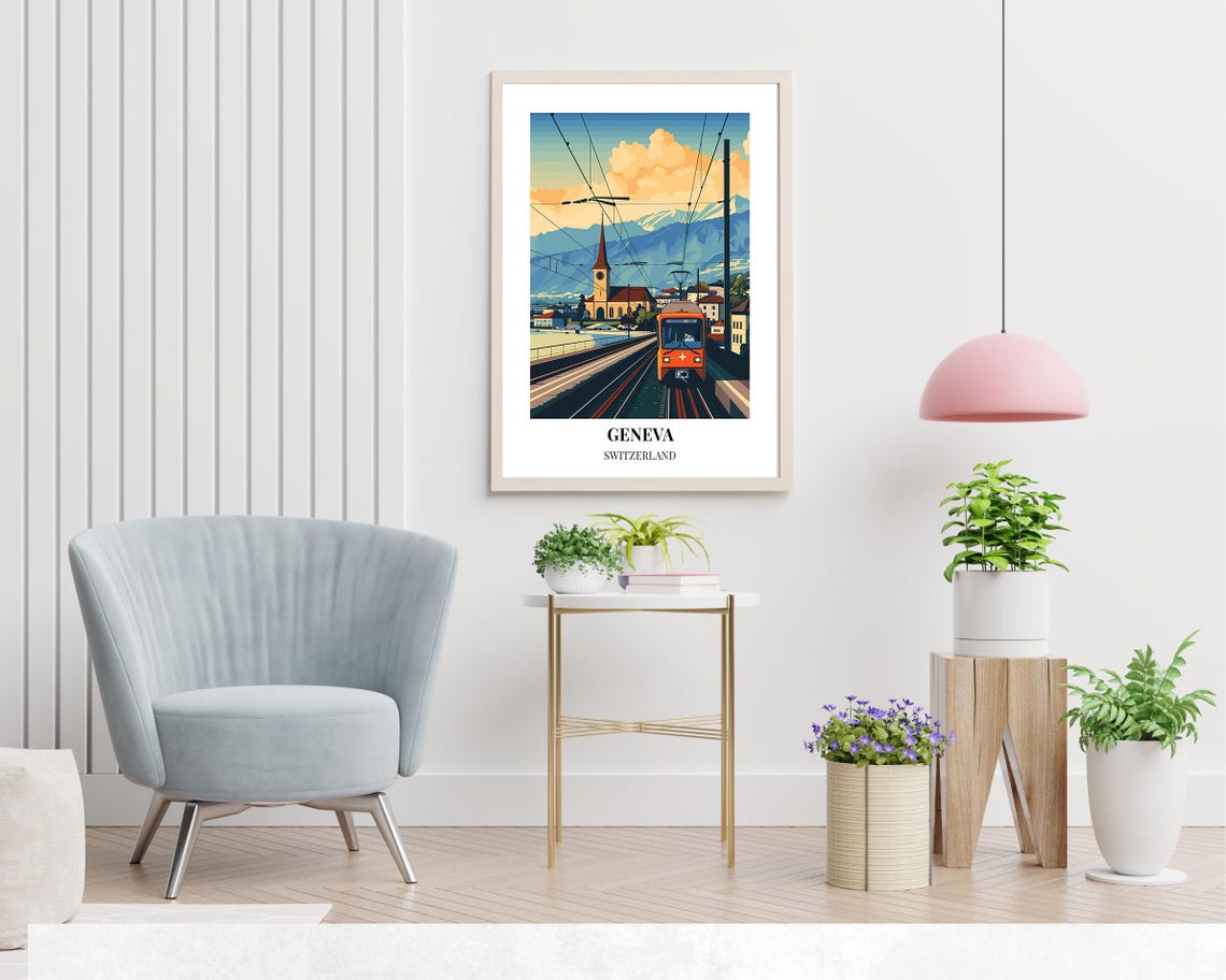 Geneva Switzerland Orange Tram Sunset Alps Backdrop Travel Poster - Image 2