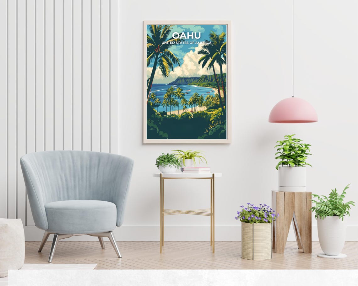 Oahu Hawaii Beach Vintage Travel Poster with Title at the Top - Image 2