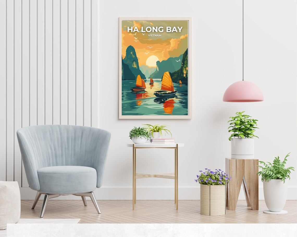 Ha Long Bay Vietnam Sunrise Junk Boat Sails Scenic Travel Poster - Image 2