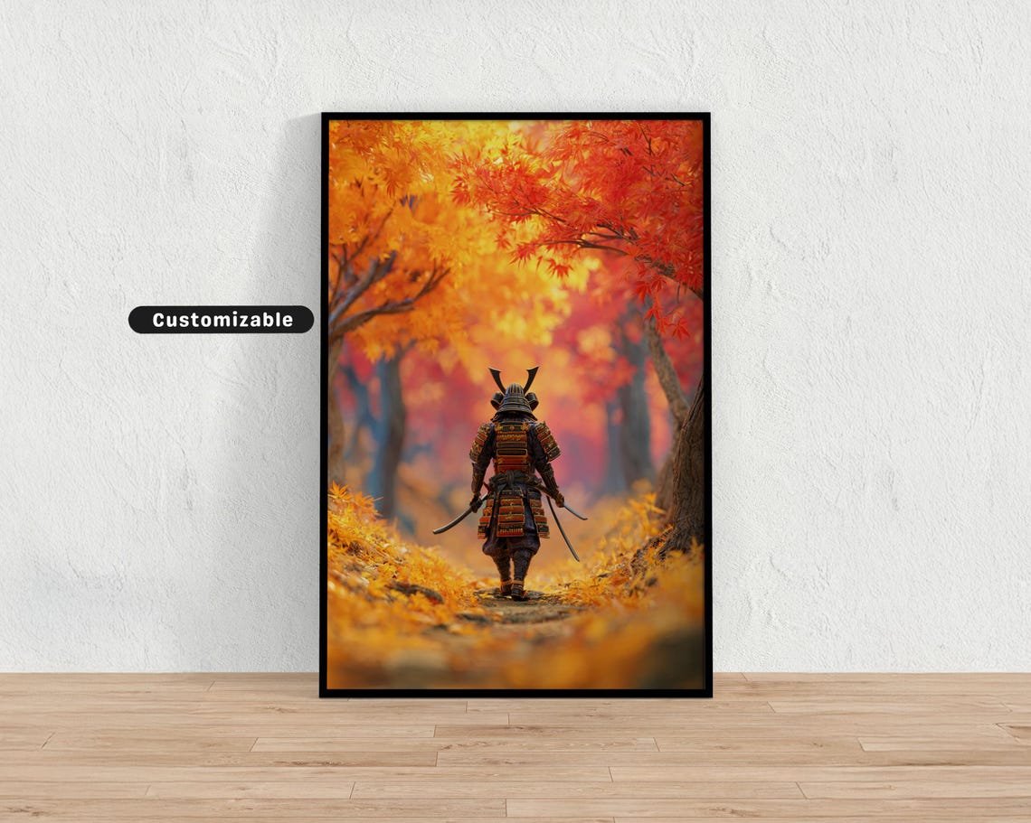 Samurai Warrior Poster Walking Through Golden Autumn Maple Forest