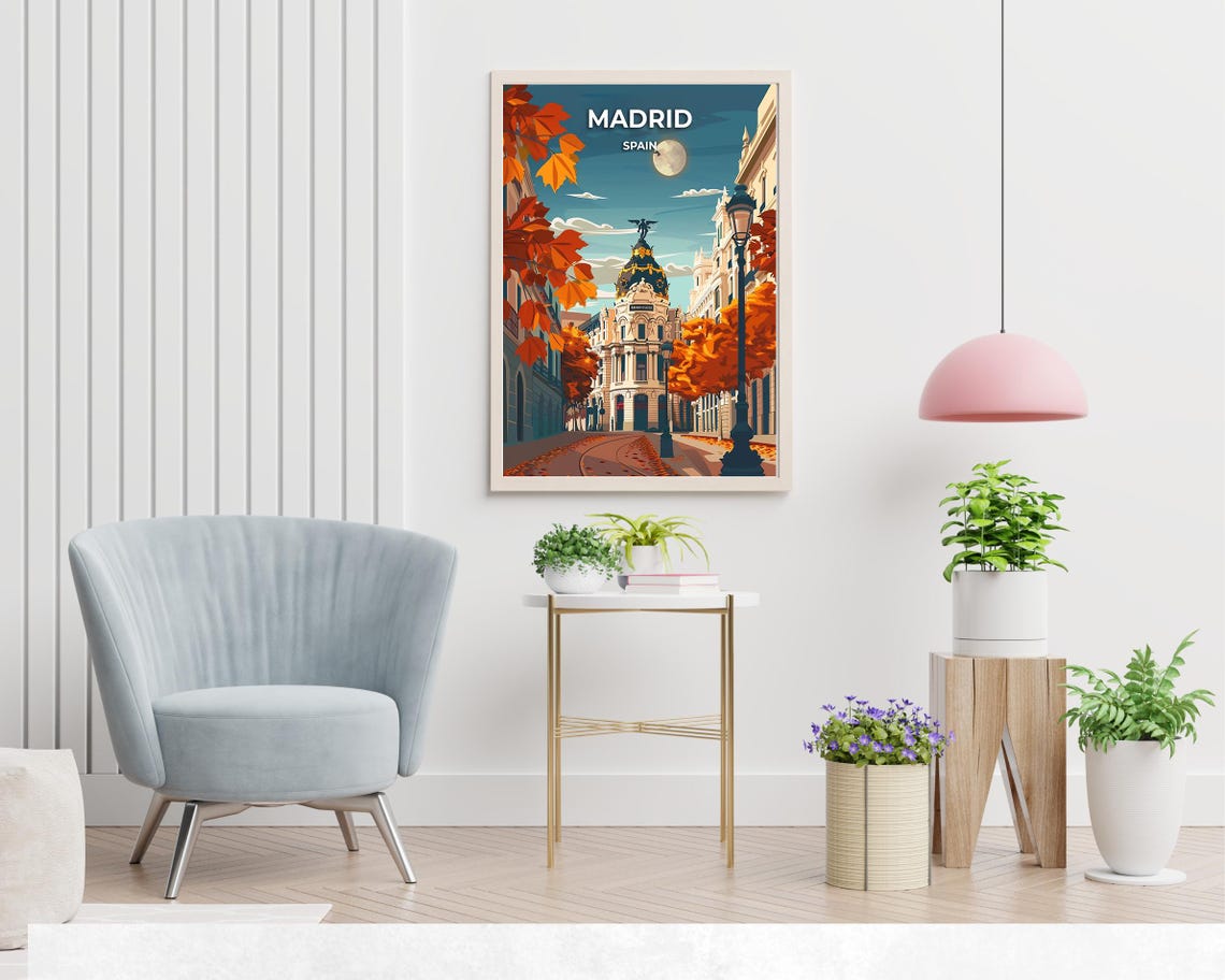 Madrid Spain Autumn Night Poster with Metropolis Building and Moon - Image 2