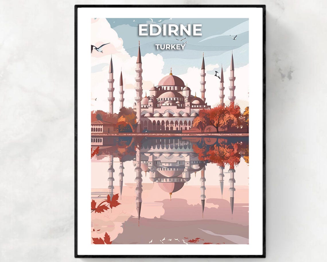 Edirne Turkey Vintage Selimiye Mosque Autumn Reflection Travel Poster