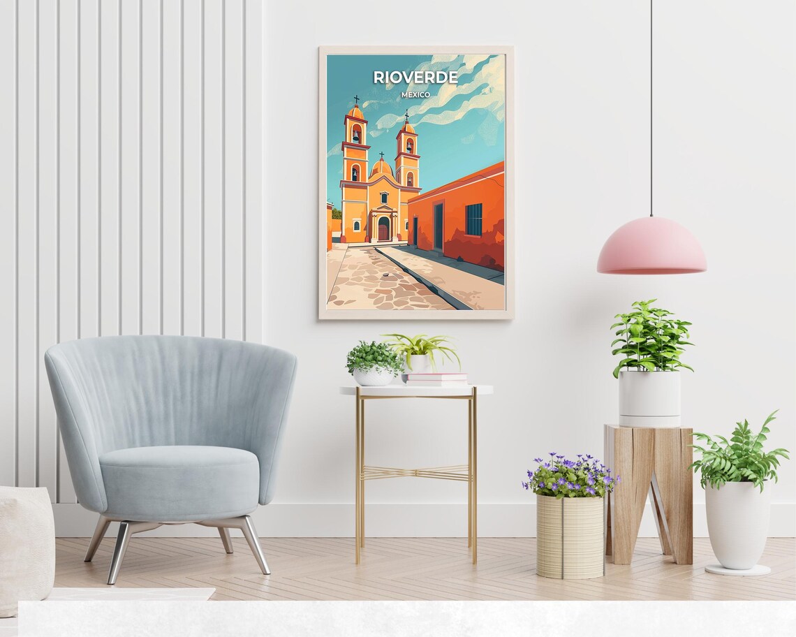 Rioverde Mexico Golden Church Facade Sunset Sky Travel Poster - Image 2