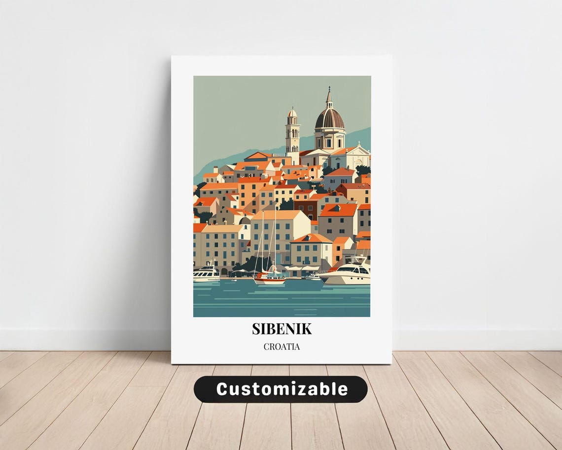 Sibenik Croatia Old Town Harbor Retro Travel Illustration Poster