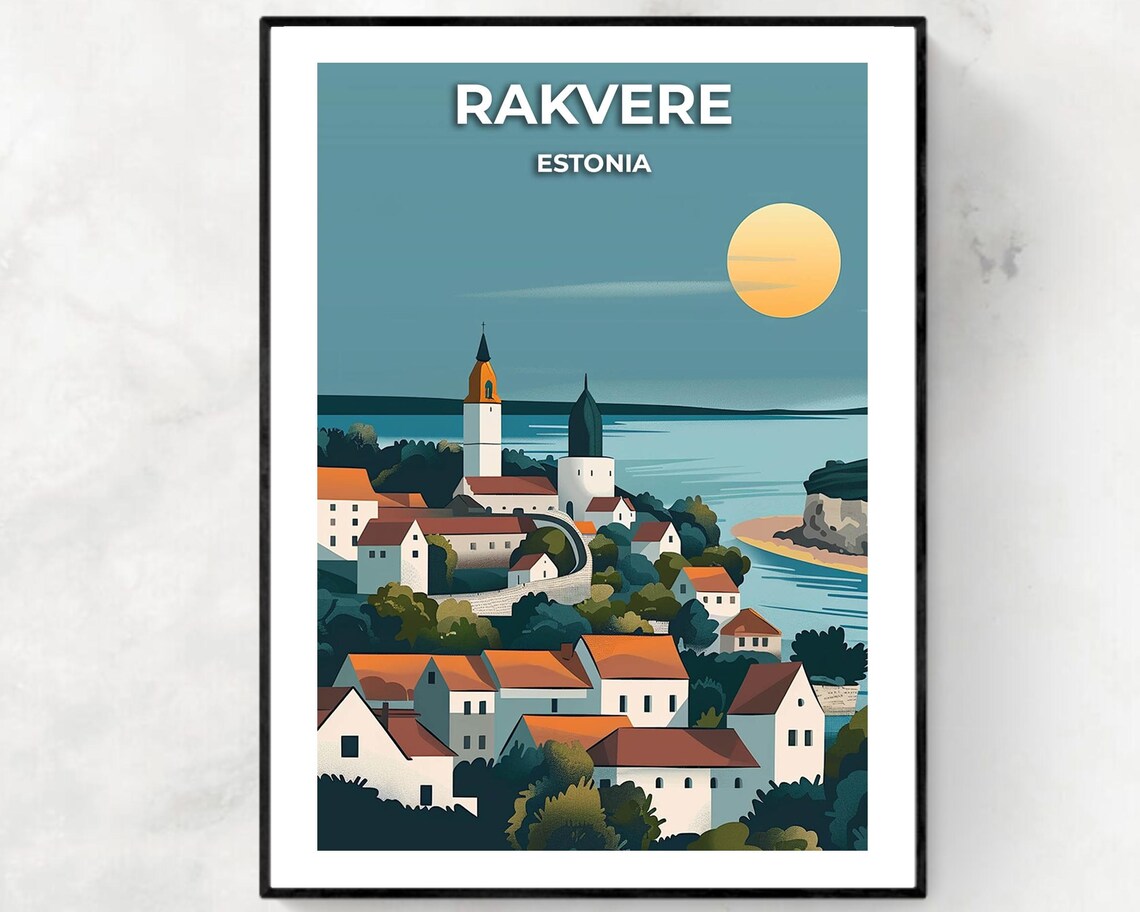 Rakvere Estonia Old Town Moonlit Harbor Vintage Travel Poster