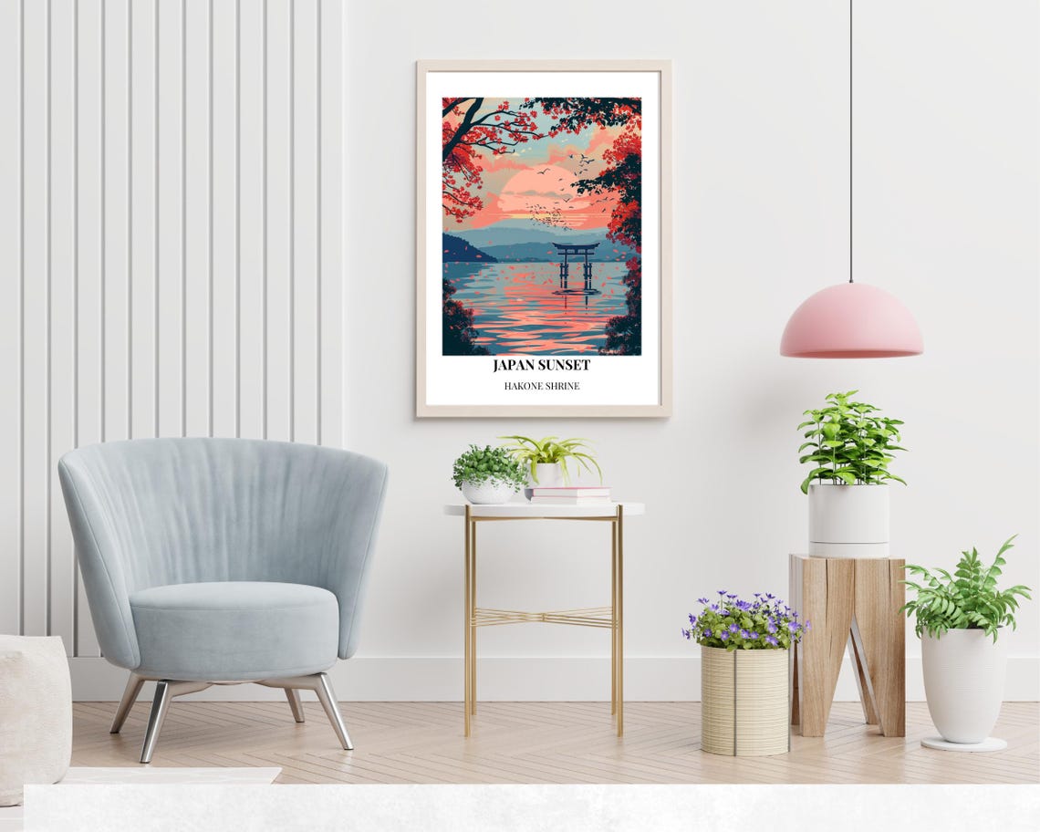 Japan Sunset Floating Torii Gate on Lake at Hakone Shrine Poster - Image 2