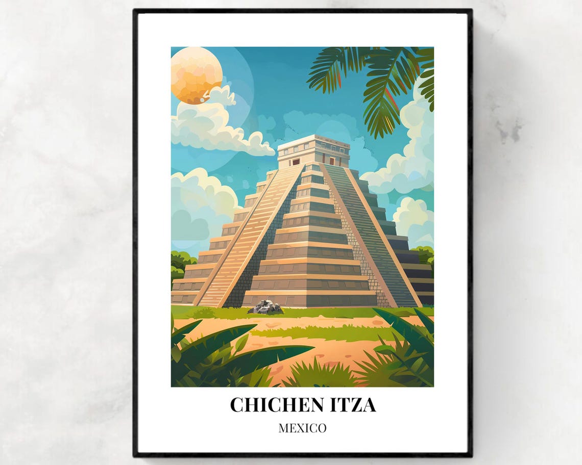 Chichen Itza Mexico Mayan Step Pyramid Sunny Day Jungle Travel Poster
