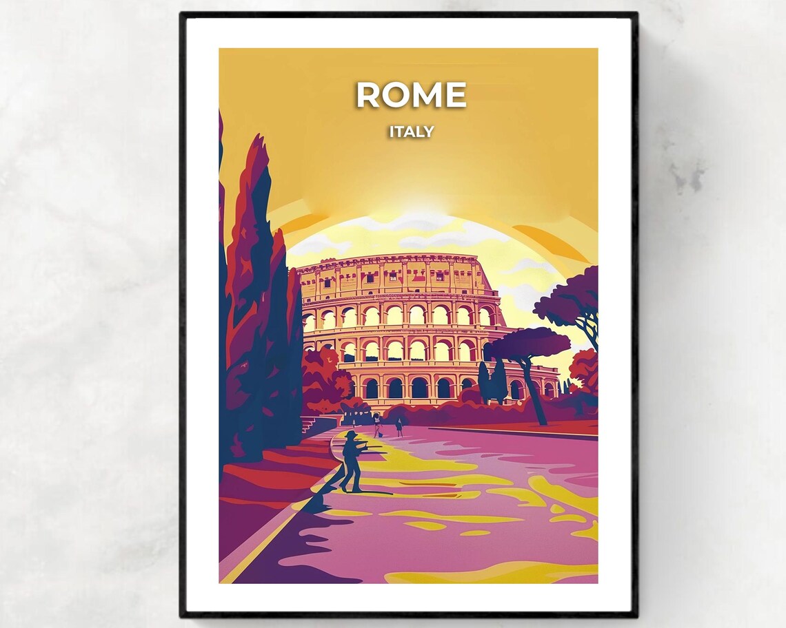 Rome Italy Iconic Colosseum Golden Sunset Vintage Travel Poster
