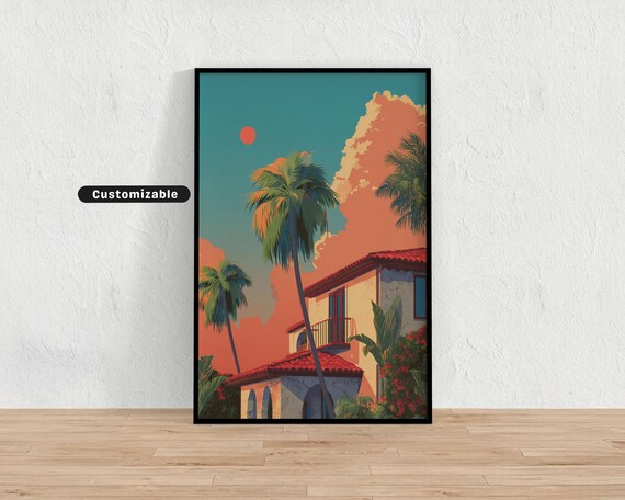 Sunset Behind A Tropical Villa With Red Roof And Palm Trees Mediterranean Colorful Wall Art Illustration Print Modern Boho Ho