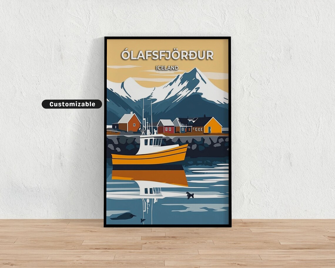 Olafsfjordur Iceland Harbor Fishing Boat Mountain Travel Poster