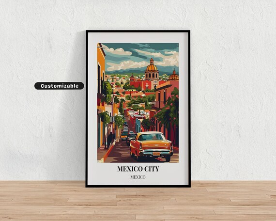 Mexico City Vintage Car Street Cathedral Retro Travel Poster