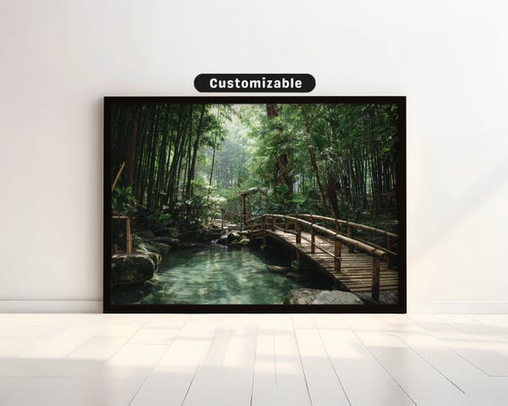 Wooden Bridge Over Hot Spring With Bamboo Grove Behind Japanese Wall Art Print Zen Asian Decor