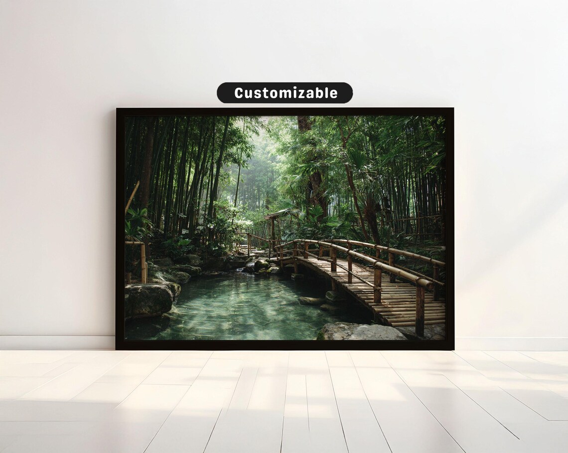 Bamboo Grove Wooden Bridge Hot Spring Japan Serene Nature Photo Poster