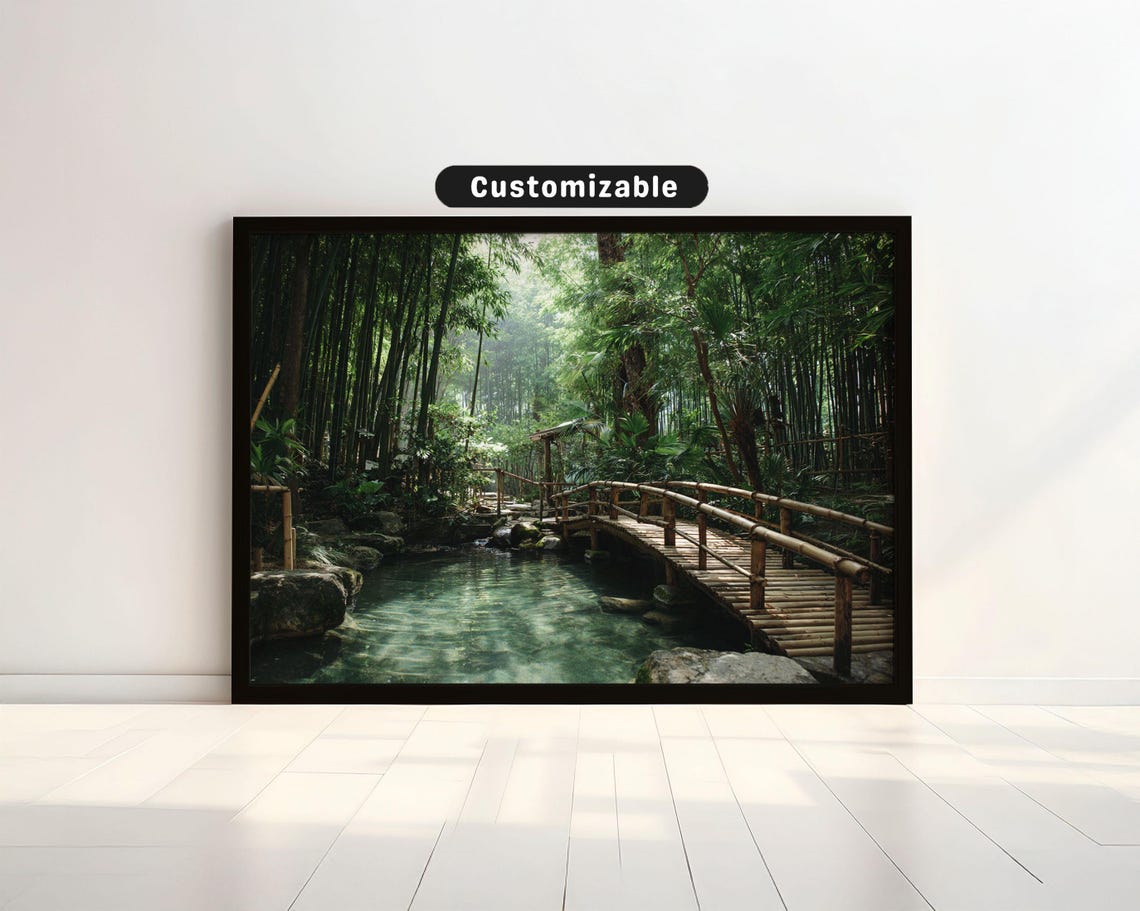 Wooden Bridge Over Hot Spring With Bamboo Grove Behind Japanese Wall Art Print Zen Asian Decor