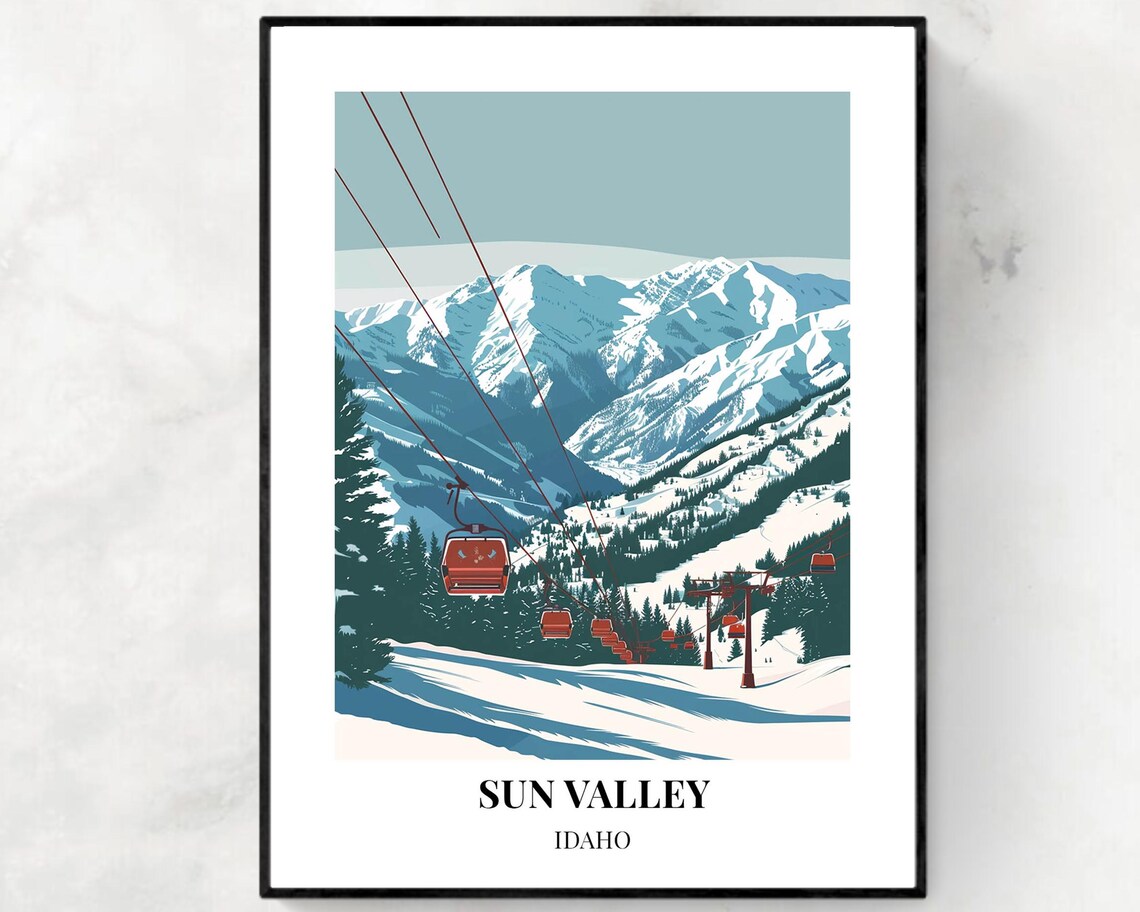 Sun Valley Idaho Red Gondolas Snowy Valley Pines Skier Ski Poster