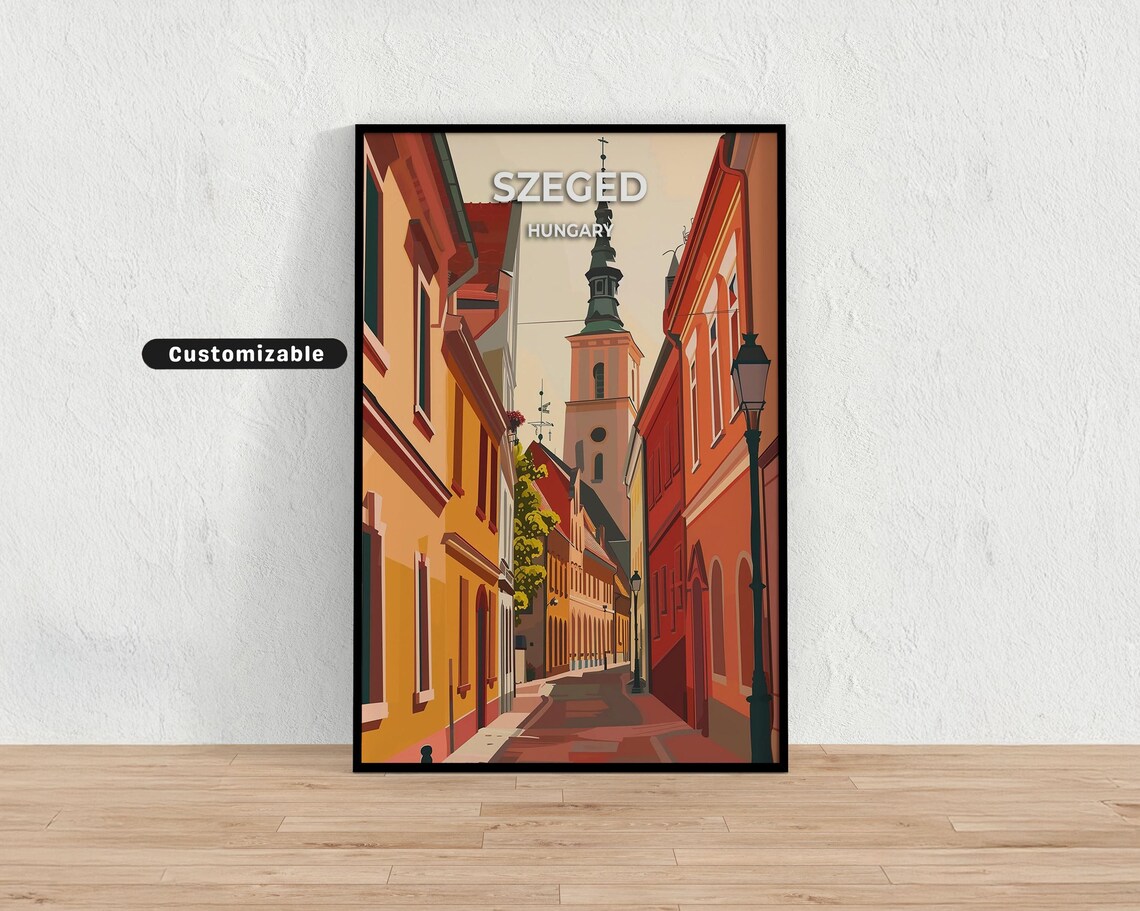 Szeged Hungary Old Town Street with Church Spire Vintage Travel Poster