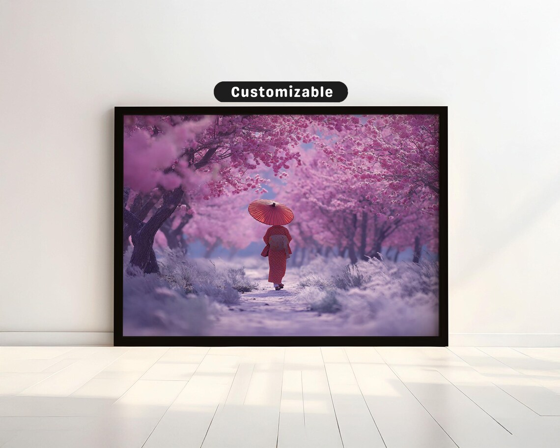 Geisha With Red Umbrella Cherry Blossom Park Japan Zen Poster