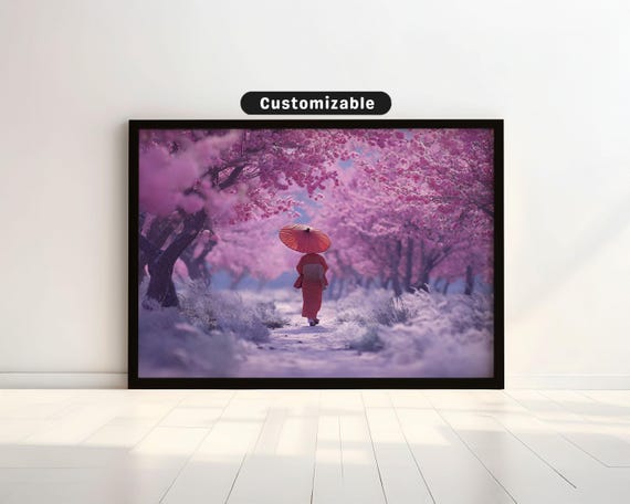 Geisha Walking Through Cherry Blossom Park With Soft Breeze Japanese Wall Art Print Zen Asian Decor