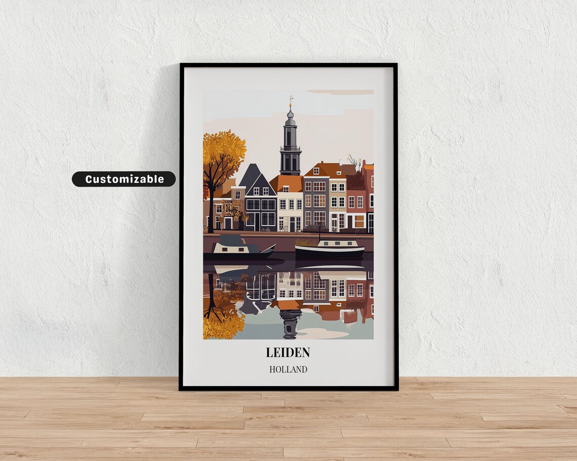 Leiden Holland Autumn Canal Water Reflection Vintage Travel Poster