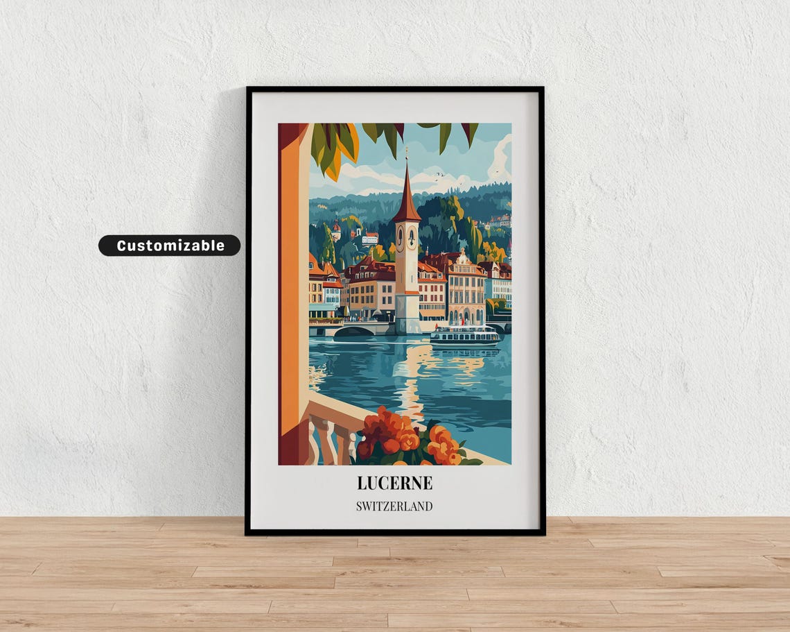Lucerne Switzerland Lake Clock Tower Waterfront Floral Travel Poster