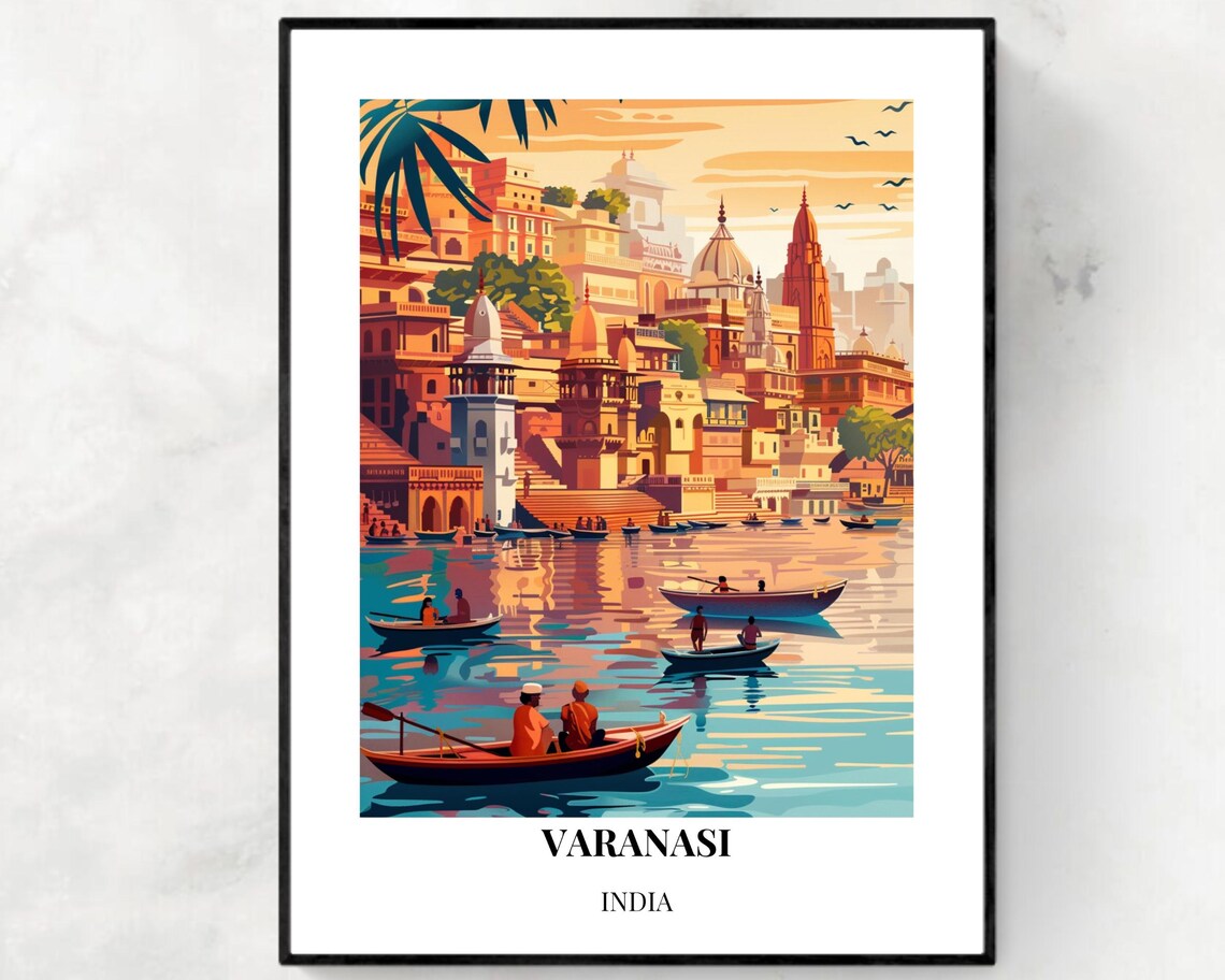 Varanasi India River Ghats Temples Rowboats Daytime Travel Poster