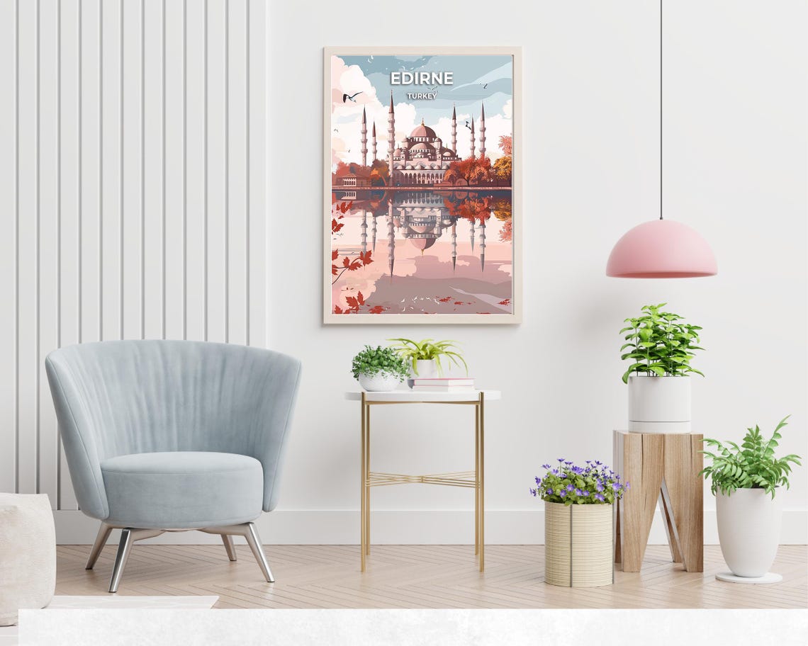 Edirne Turkey Vintage Selimiye Mosque Autumn Reflection Travel Poster - Image 2